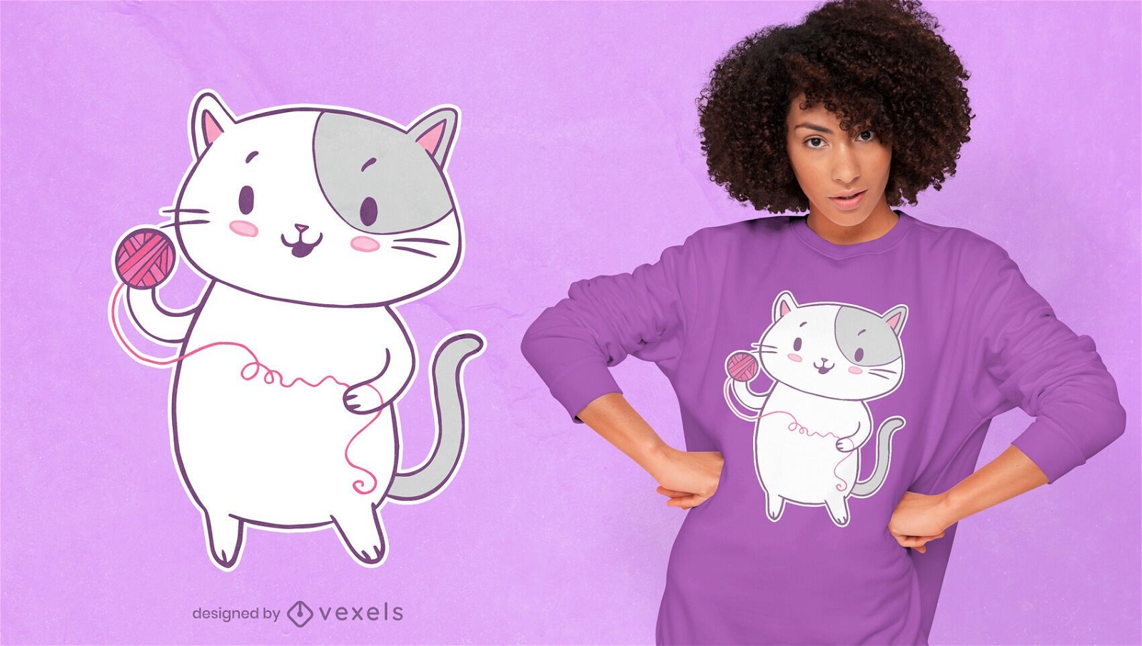 Nette Katze, die mit Garn-T-Shirt Design spielt