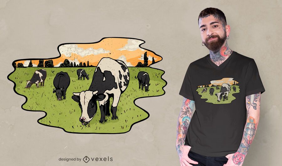 Projeto de camisetas com ilustração de vacas pastando Projeto de camisetas com ilustração de vacas pastando