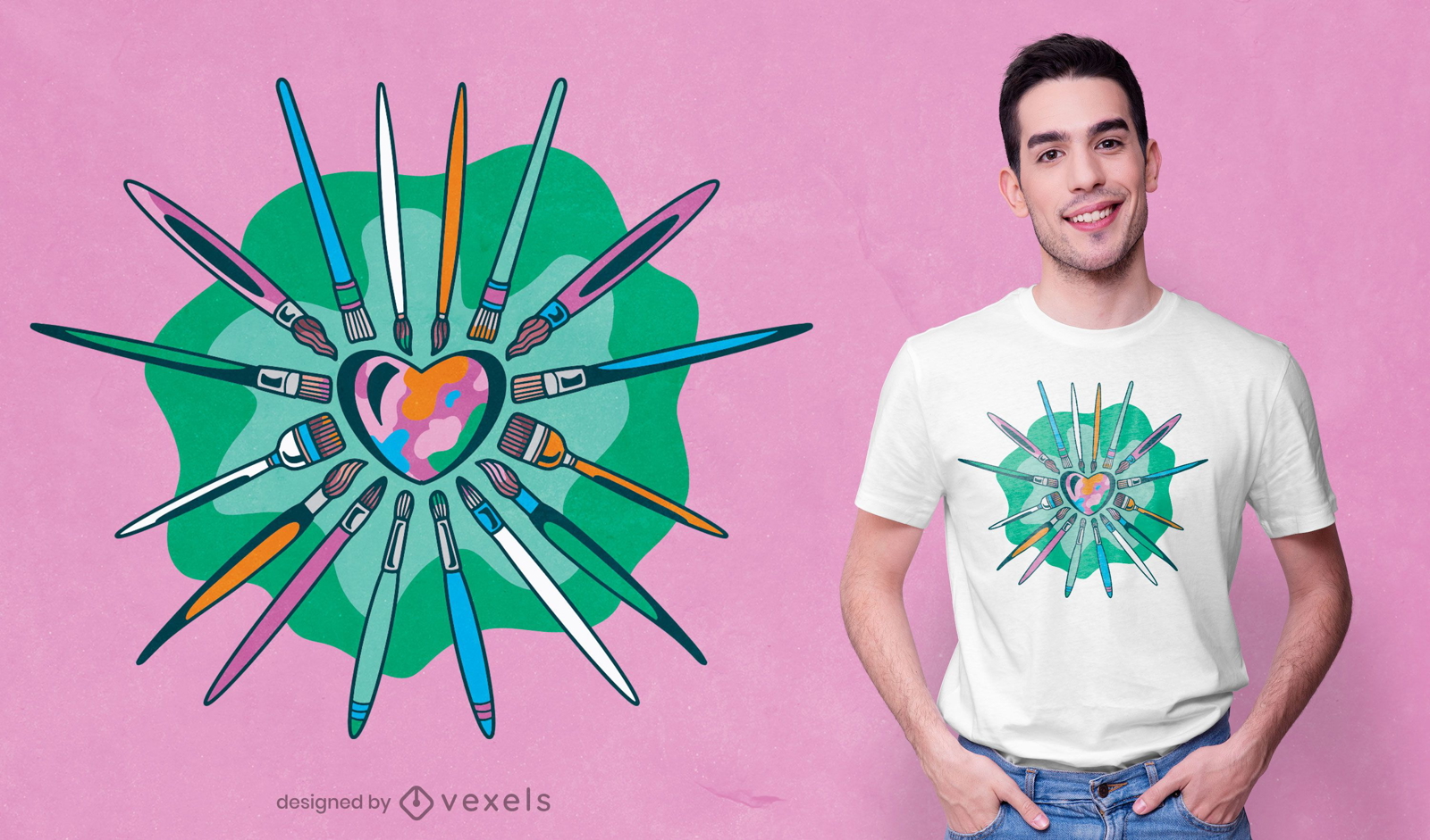 Artista escova design de t-shirt em forma de coração