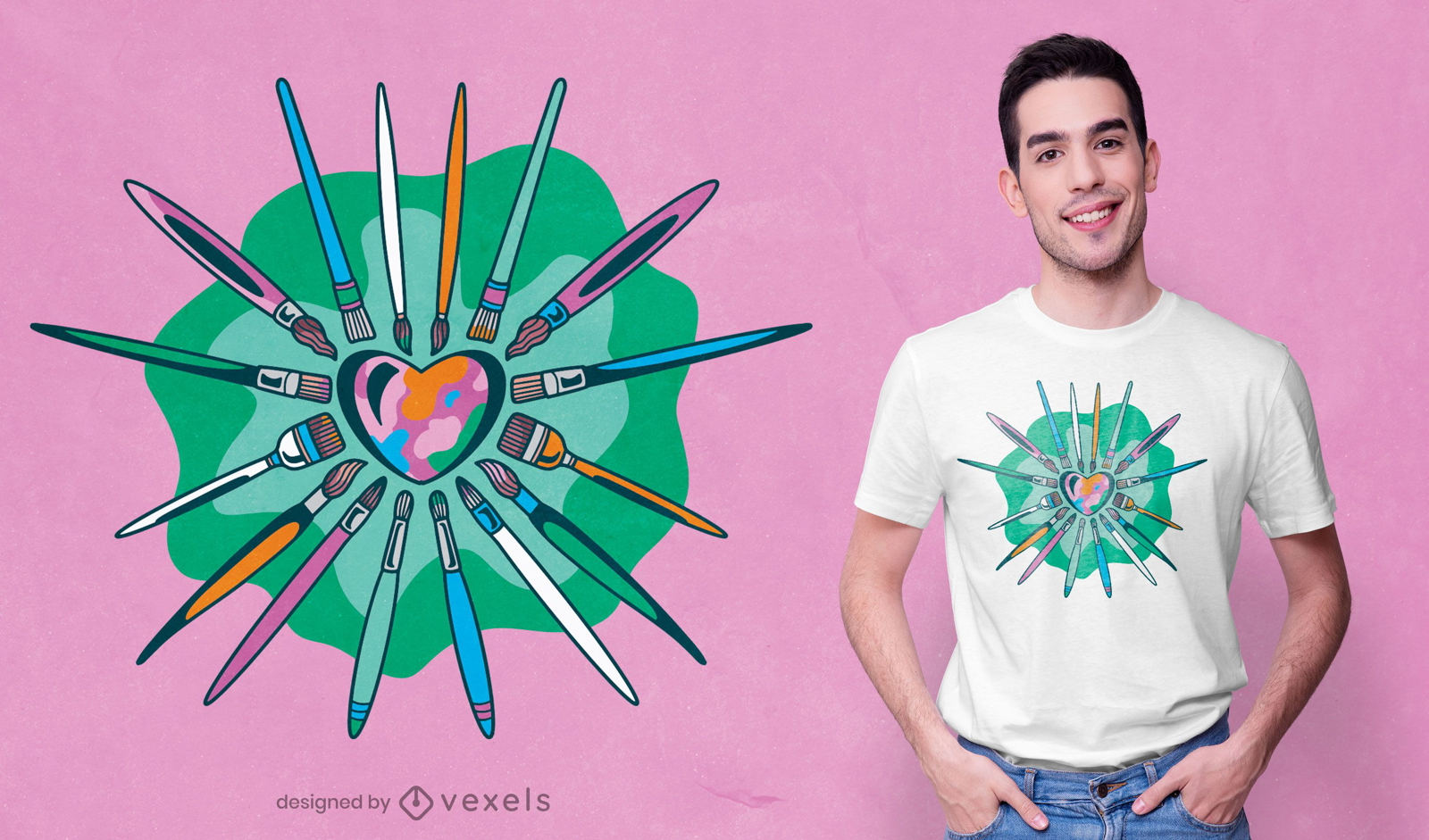 Artista escova design de t-shirt em forma de cora??o