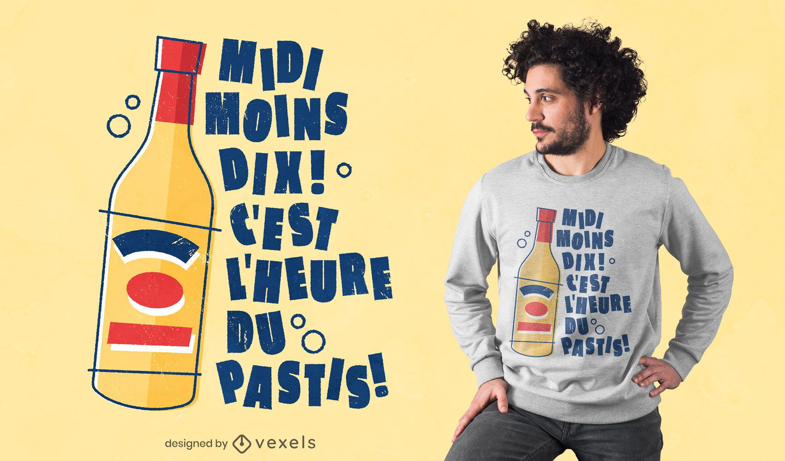 Design de t-shirt com bebida pastis com citações francesas