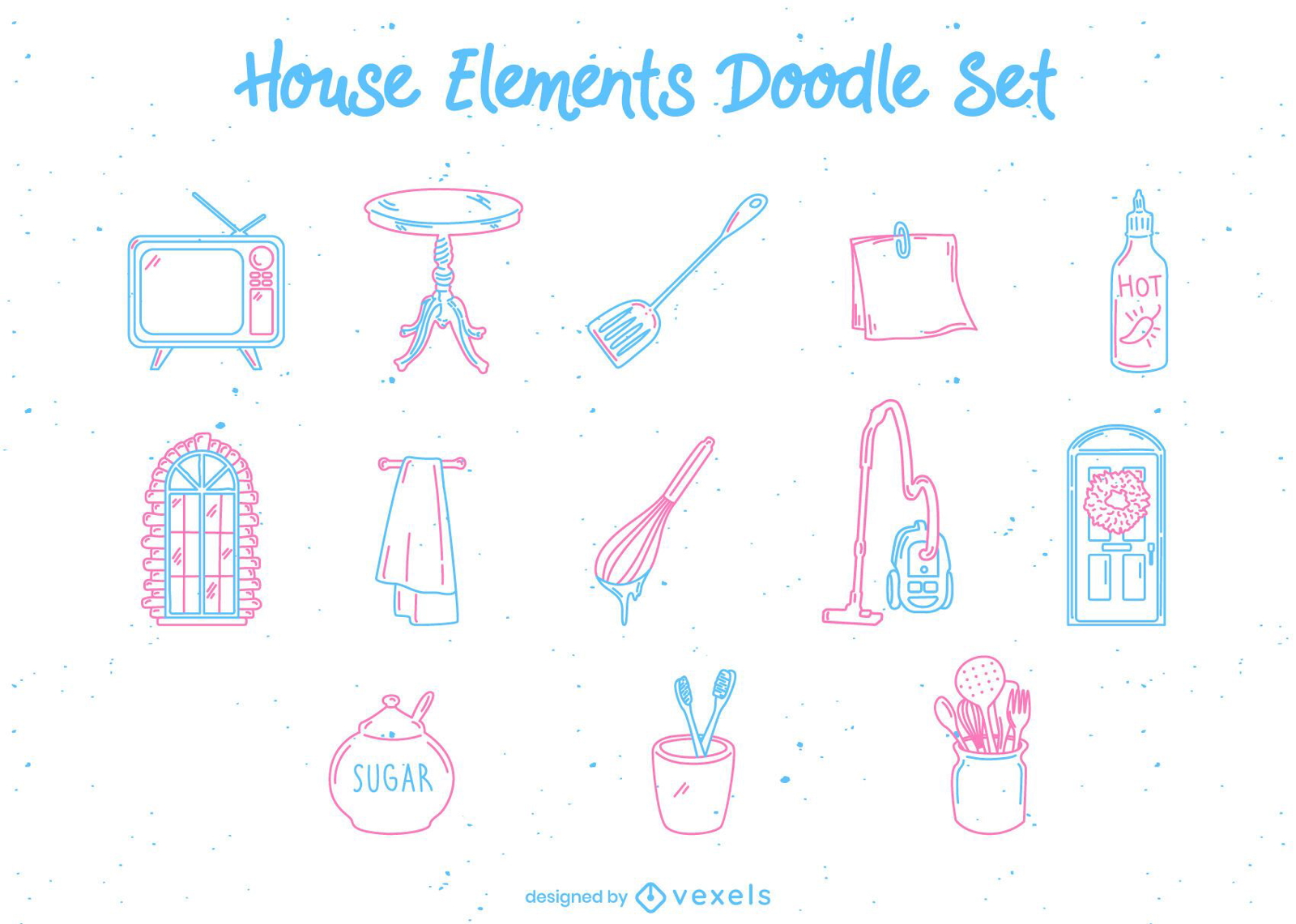 Conjunto de doodle de elementos de cozinha doméstica