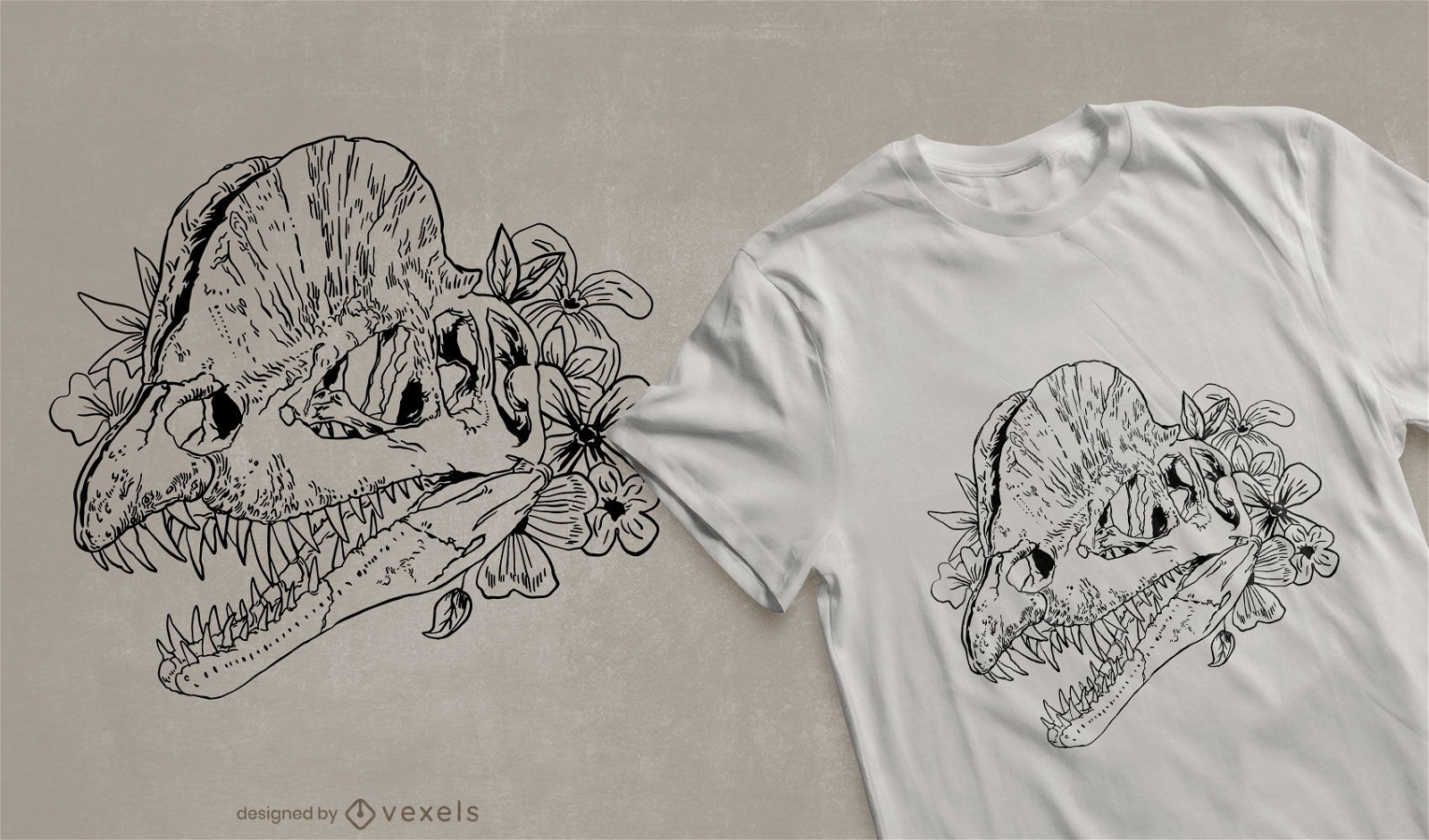 Design floral de t-shirt com caveira de dinossauro