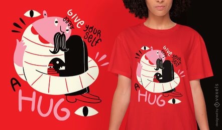 Diseño de camiseta de abrazo motivacional de criatura abstracta