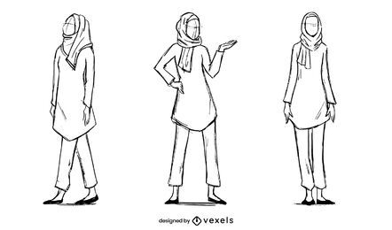 Conjunto de bocetos de modelo de mujer musulmana de moda