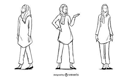 Fashion Muslim Woman Model Sketch Set Vector Download