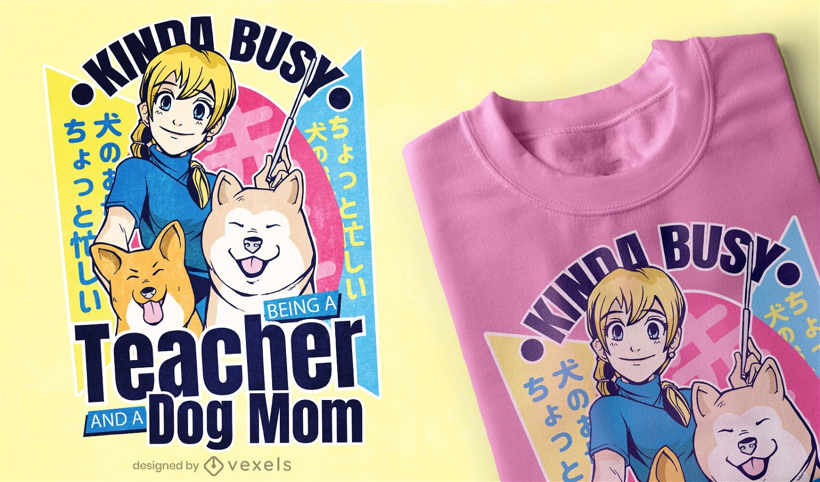 Desenho de t-shirt de anime de rapariga com cães