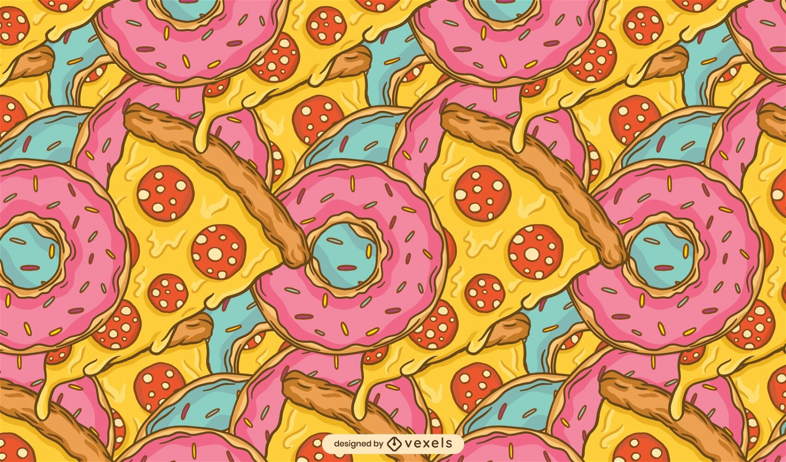 Design de padrão de pizza fast food e donuts