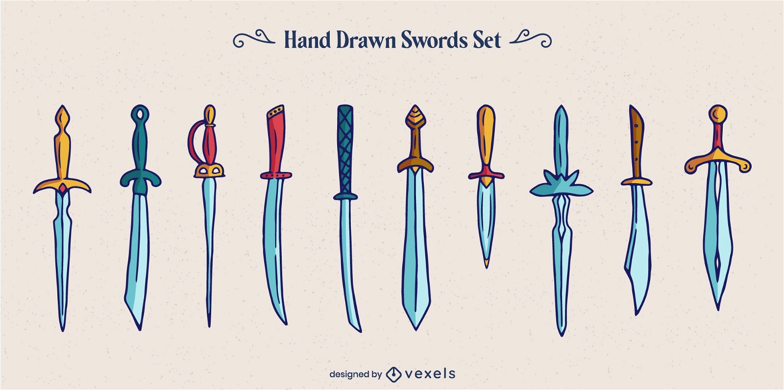 Conjunto de guerreiros com estilos de espadas e armas