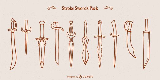 Sword weapons warriors line art set
