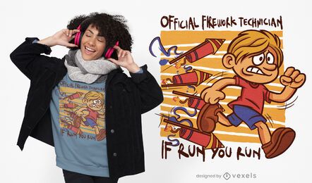 Diseño de camiseta de niño corriendo fuegos artificiales