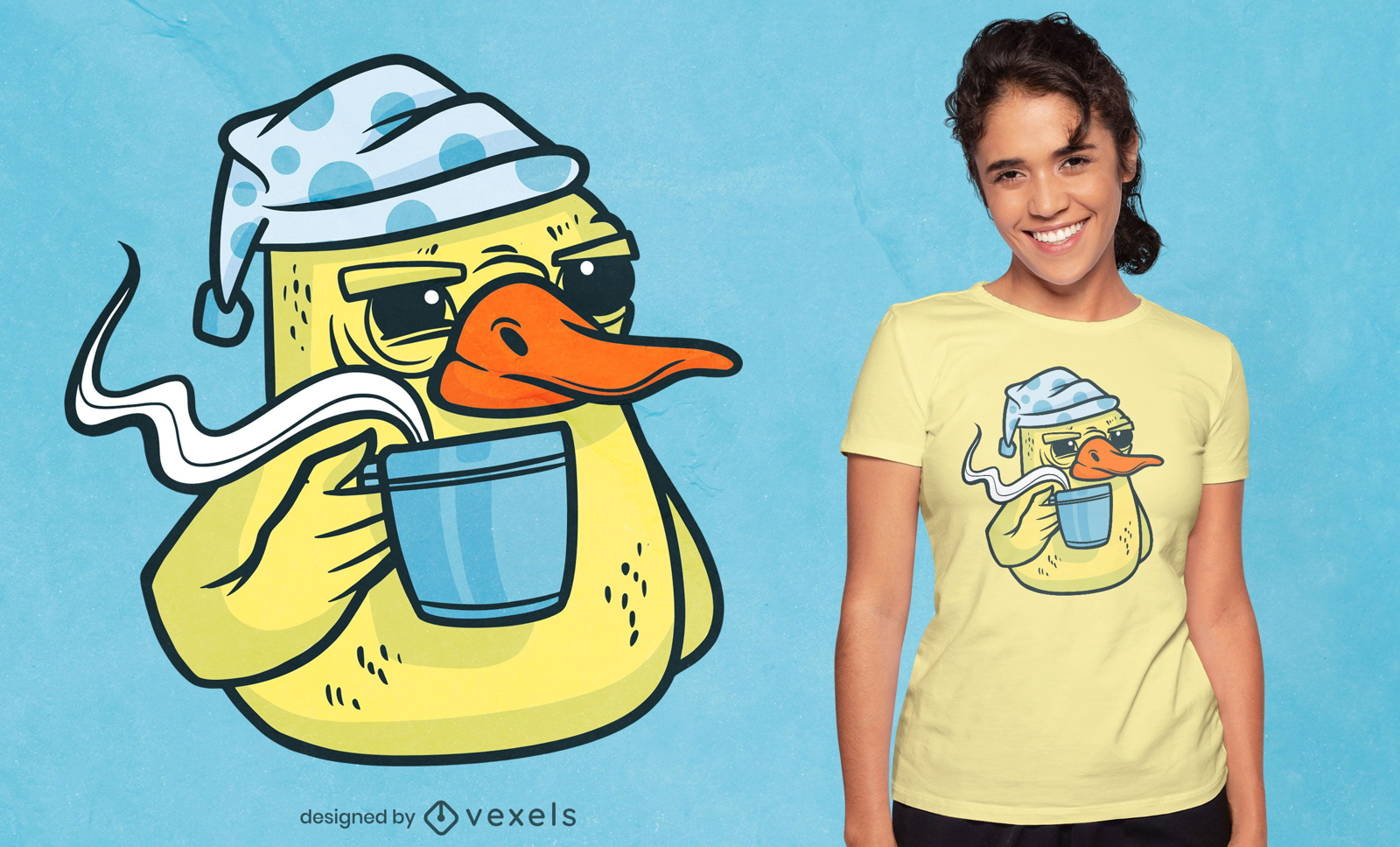 Diseño de camiseta de personaje de café de pato.