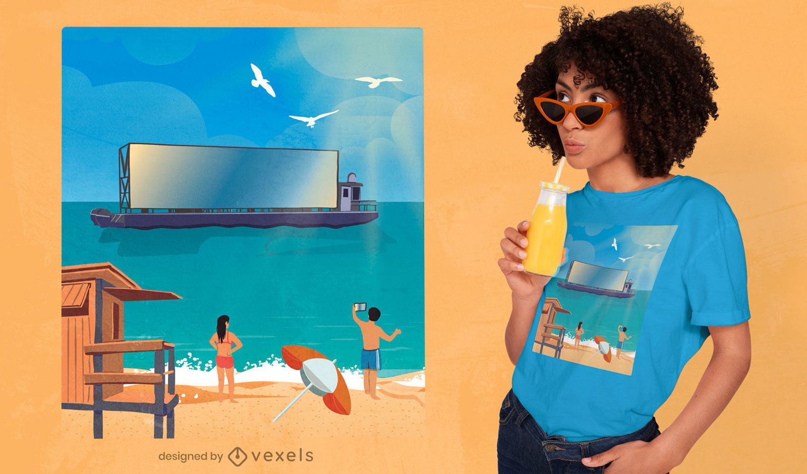 Design de t-shirt com ilustração de praia de tela de barco