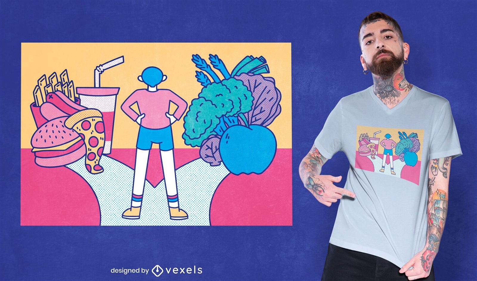 Diseño de camiseta de comida sana vs comida rápida.