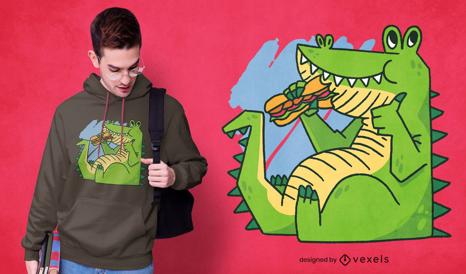 Alligator eating sandwich cartoon t-shirt design