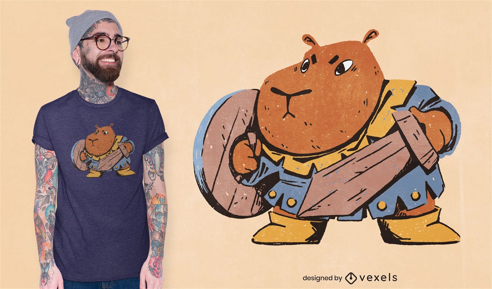 Capybara Krieger mit Schwert T-Shirt Design