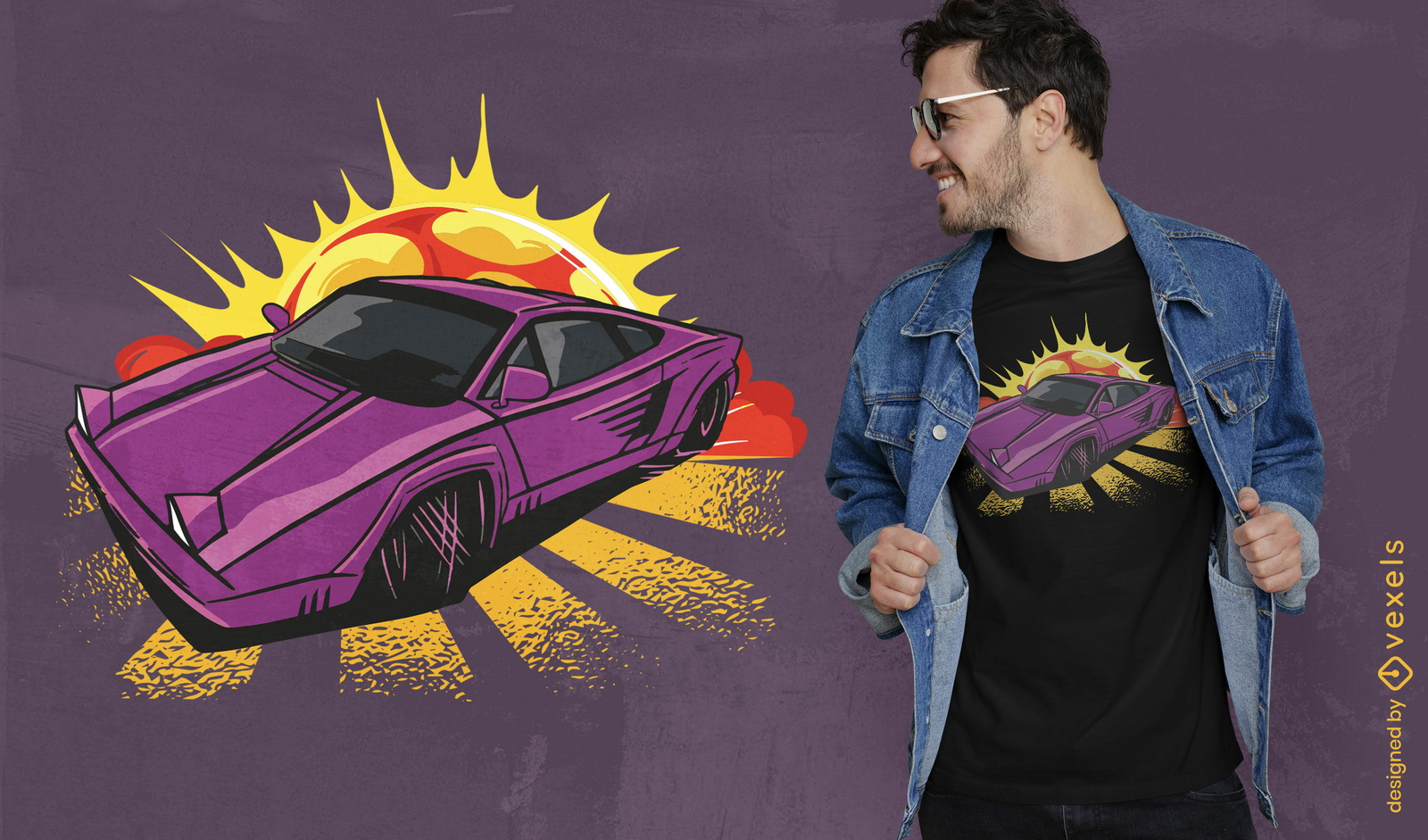 Diseño de camiseta cool de auto deportivo morado