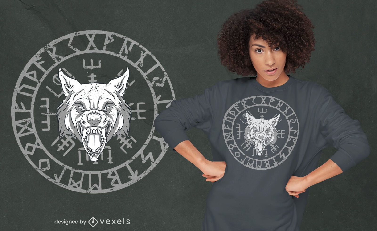 Diseño de camiseta de círculo de runas nórdicas de cabeza de lobo