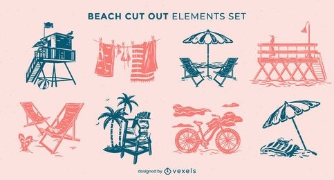 Conjunto de recortes de elementos de playa de verano