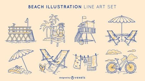 Summer beach elements line art set