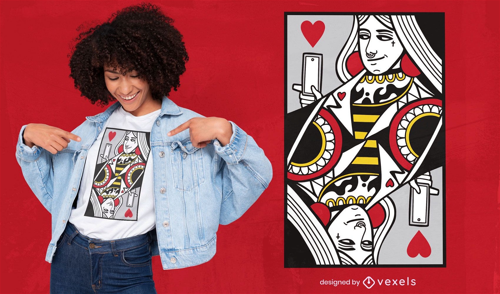 Dise?o moderno de camiseta con tarjeta Queen of Hearts.