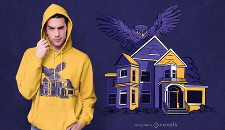 Owl bird flying over house t-shirt design