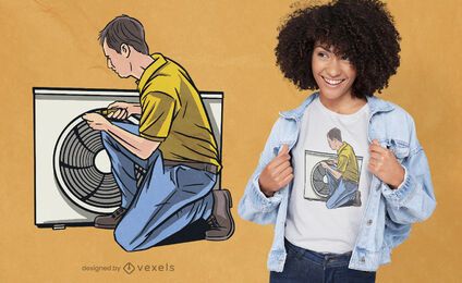 Homem consertando design de camiseta de ar-condicionado