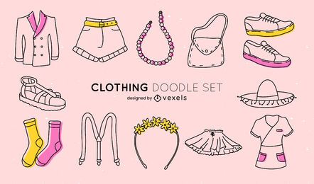Conjunto de doodle de ropa y accesorios de mujer. Conjunto de doodle de ropa y accesorios de mujer.