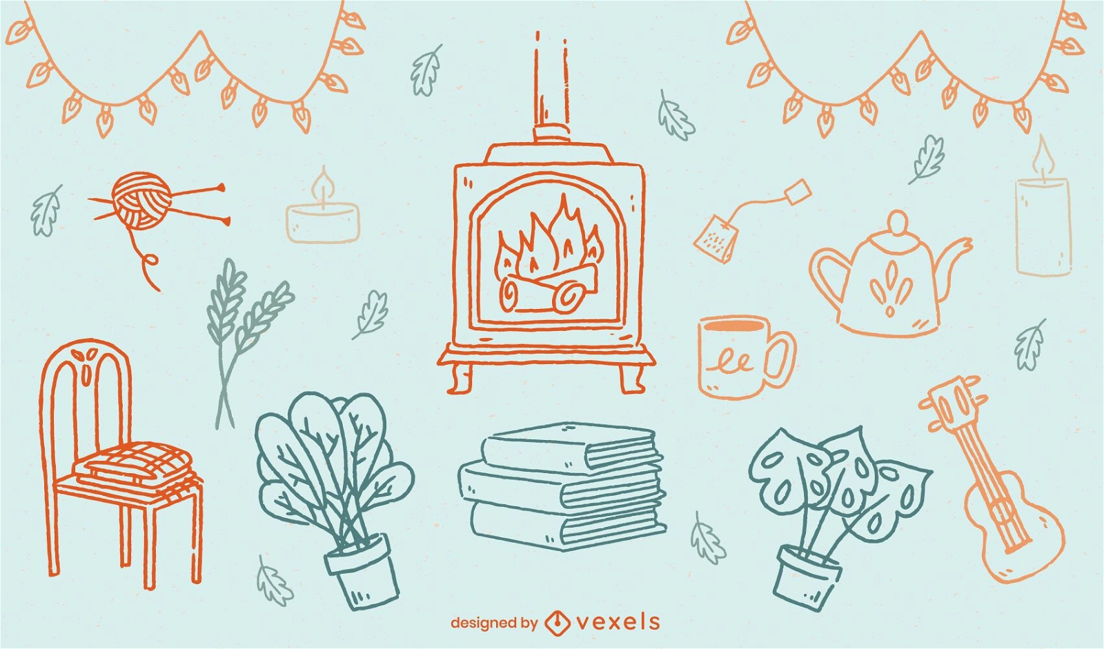 Cozy home elements hygge doodle set