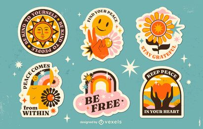 Conjunto de adesivos de dia da paz hippie retrô
