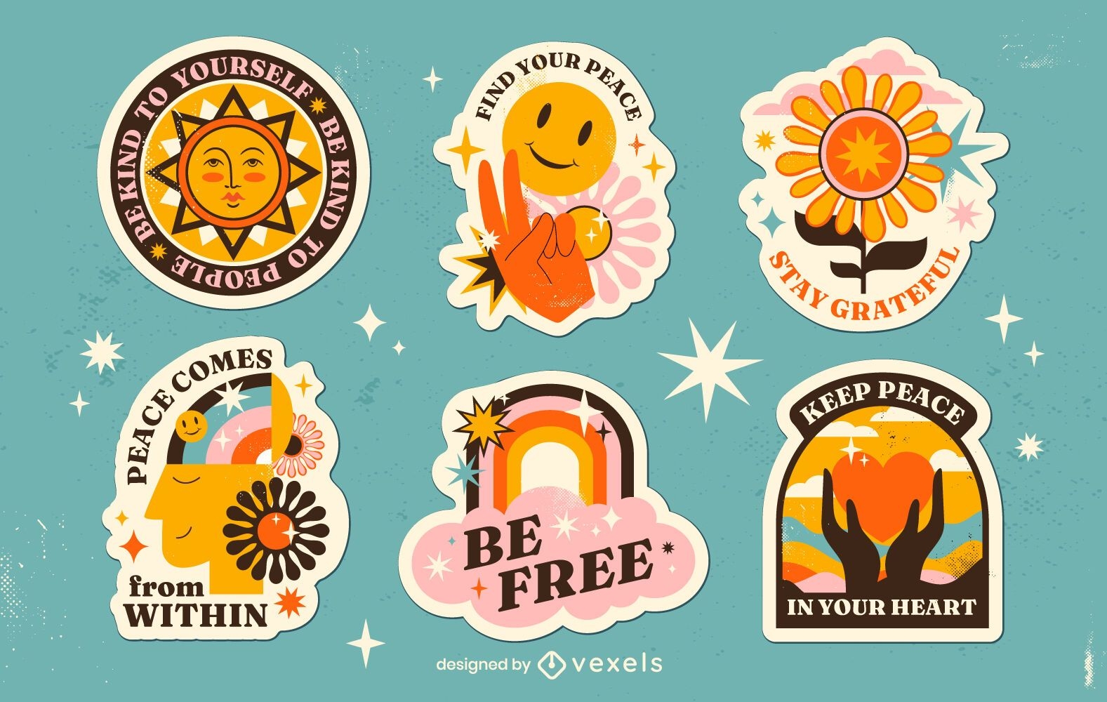 Retro hippie peace day sticker set