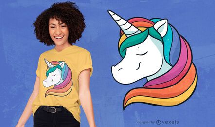 Diseño de camiseta de pelo de arco iris de unicornio feliz