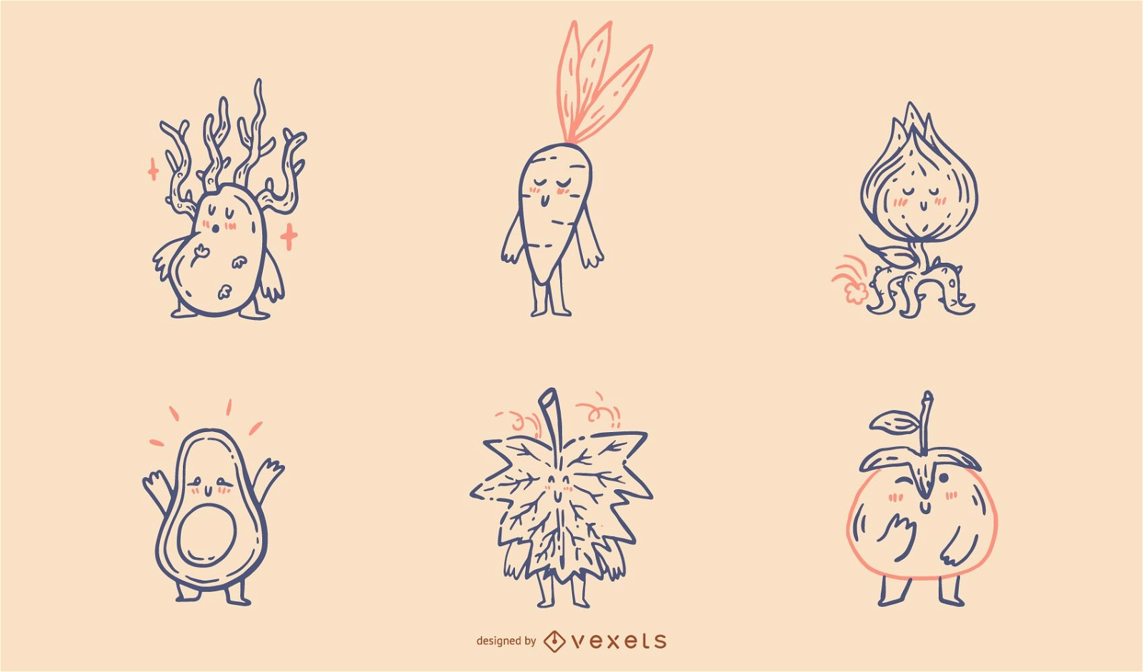 Kawaii vegetables nature line art set