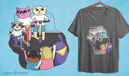 Karikaturkatzen im Roller-T-Shirt Design