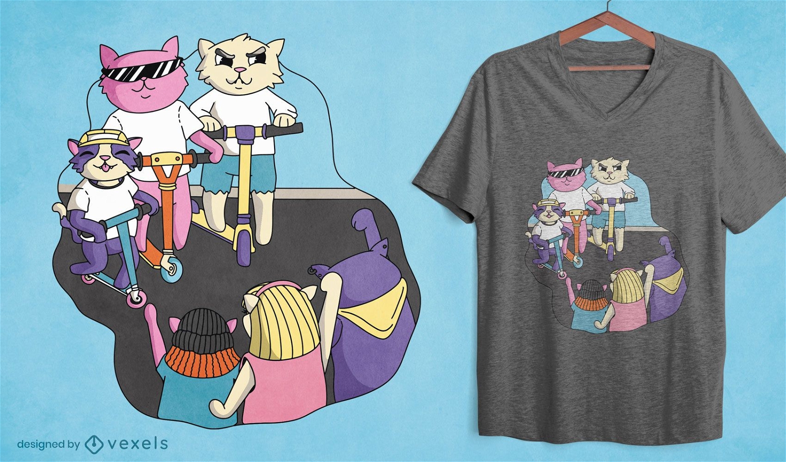 Desenhos animados de gatos com design de camisetas de patinete