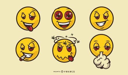 Conjunto de dibujos animados de cannabis de caras sonrientes divertidas