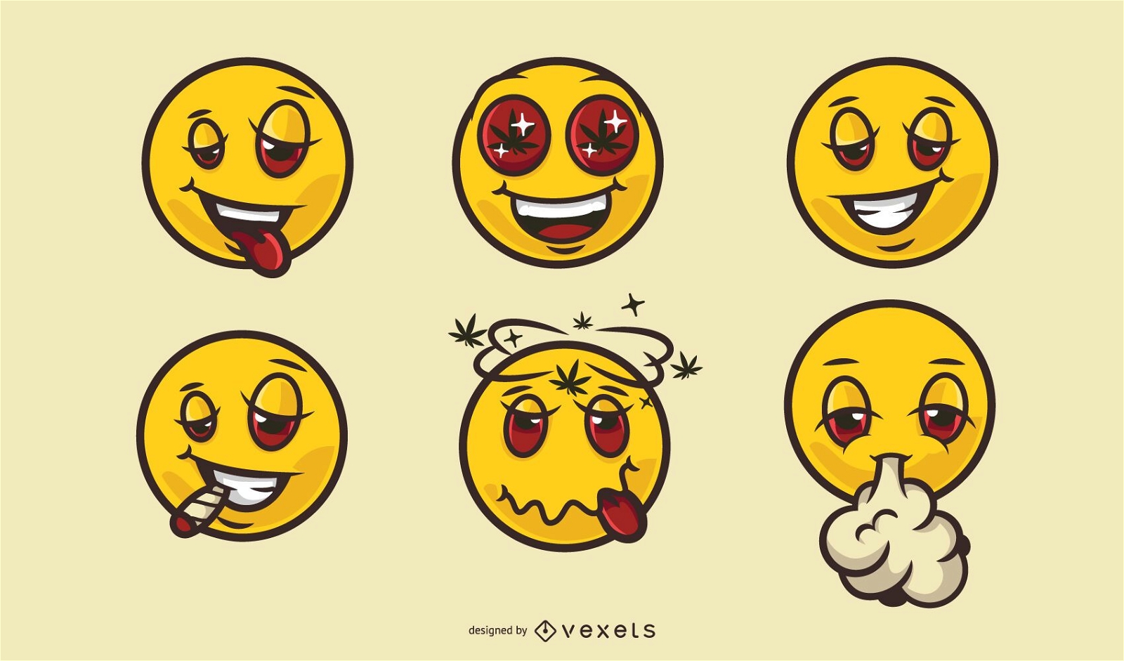 Funny smiley faces cannabis cartoon set