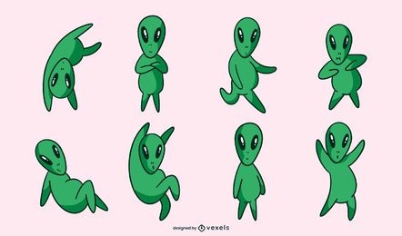 Conjunto de poses de personagem alienígena verde fofo