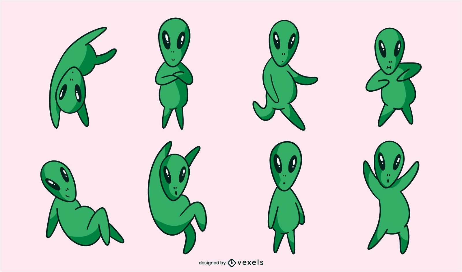 Cute green alien character poses set