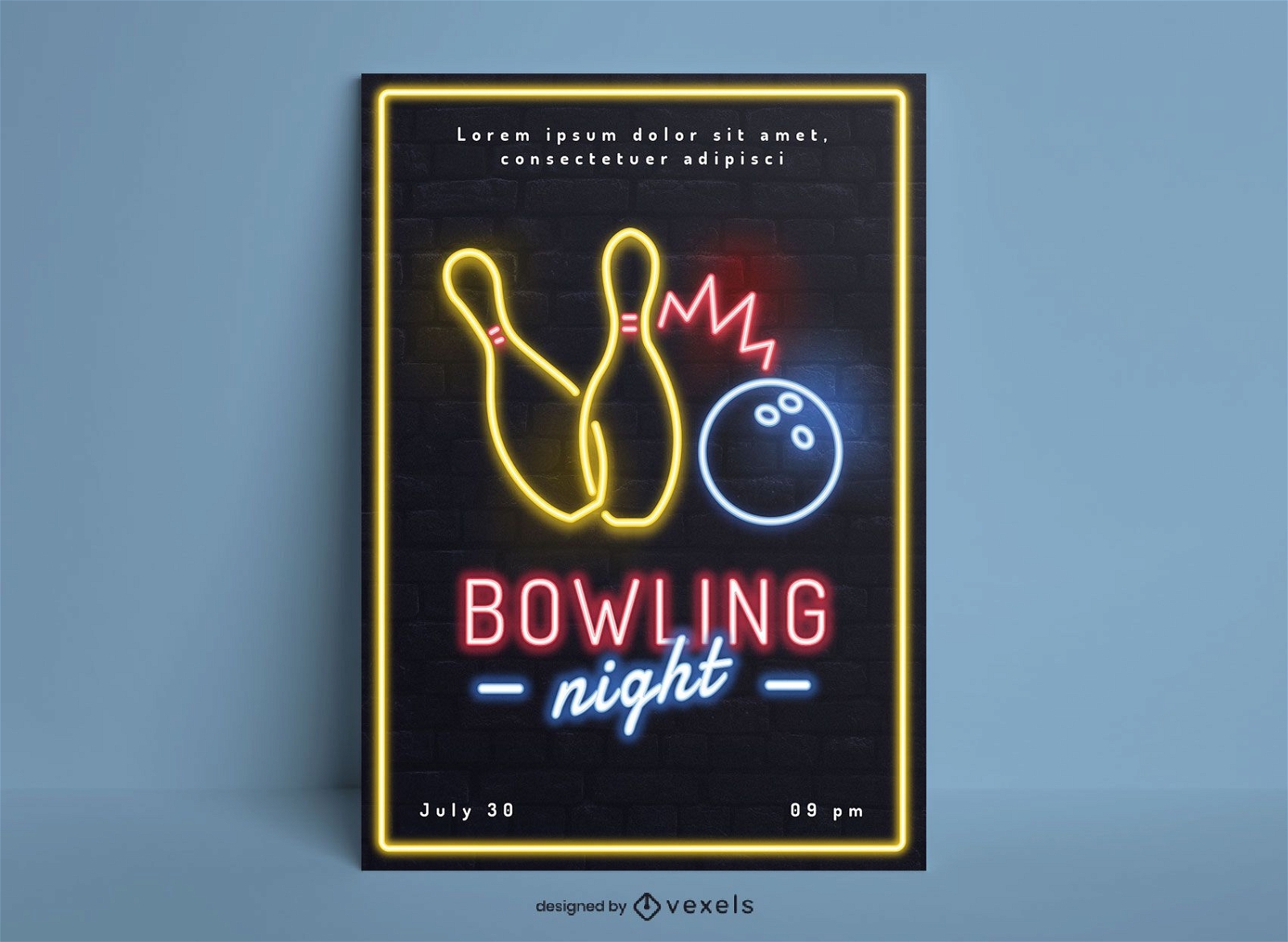 Bowling night hobby neon poster design