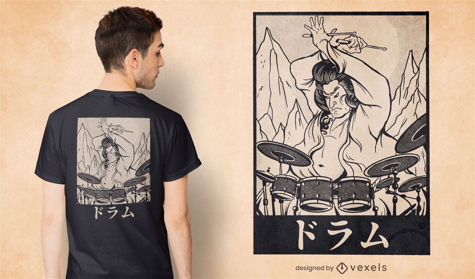 Samurai tocando bateria com design de camiseta japonesa