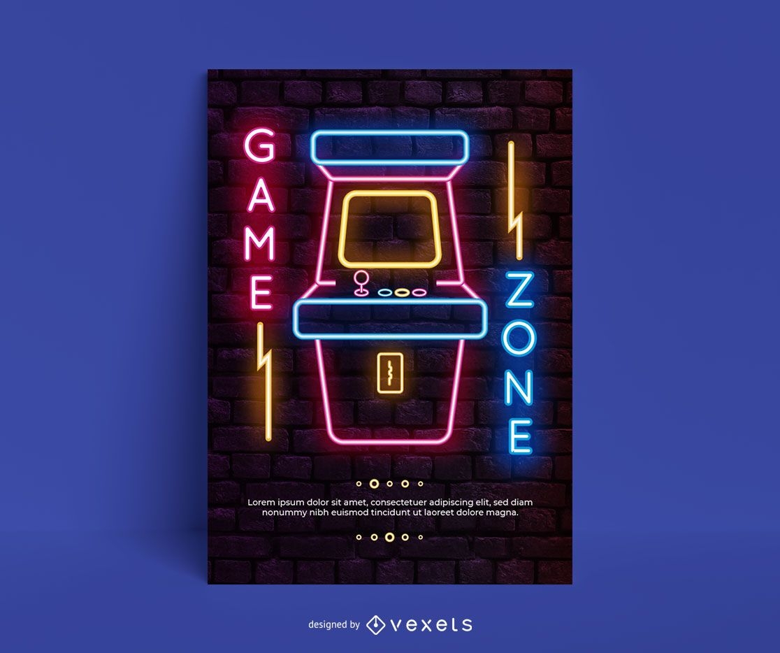 Consola de videojuegos cartel de arcade de neón.