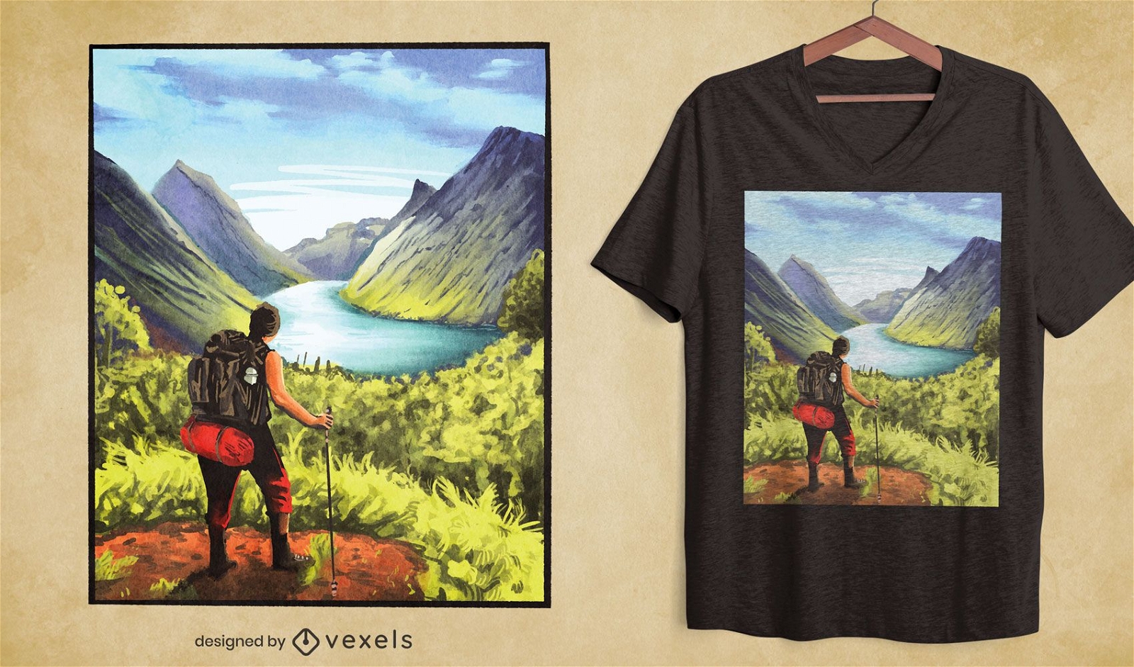 Diseño de camiseta de naturaleza de paisaje de excursionista.