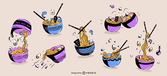 Conjunto de doodle de comida japonesa tazón de ramen