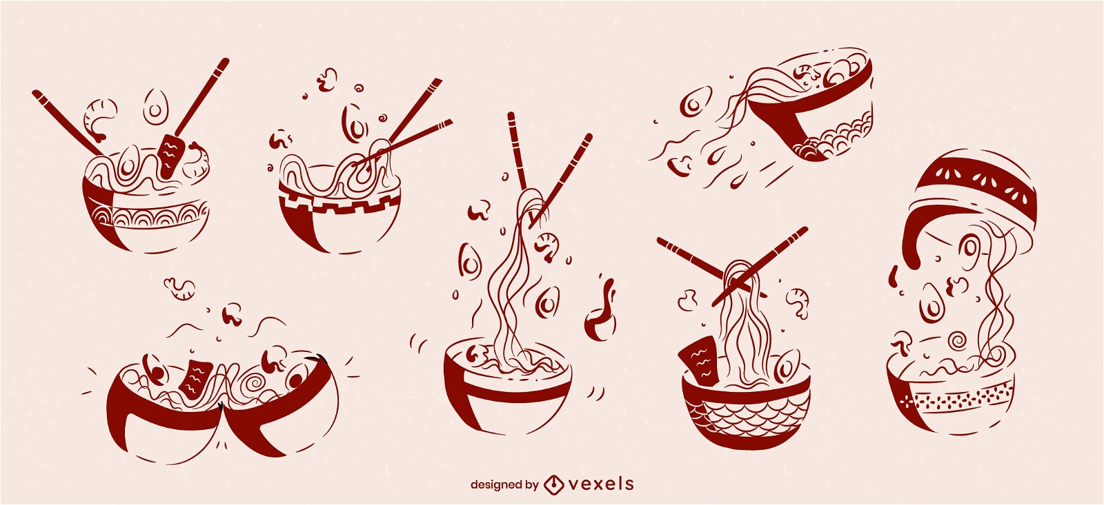Conjunto de bocetos de comida japonesa de tazón de ramen