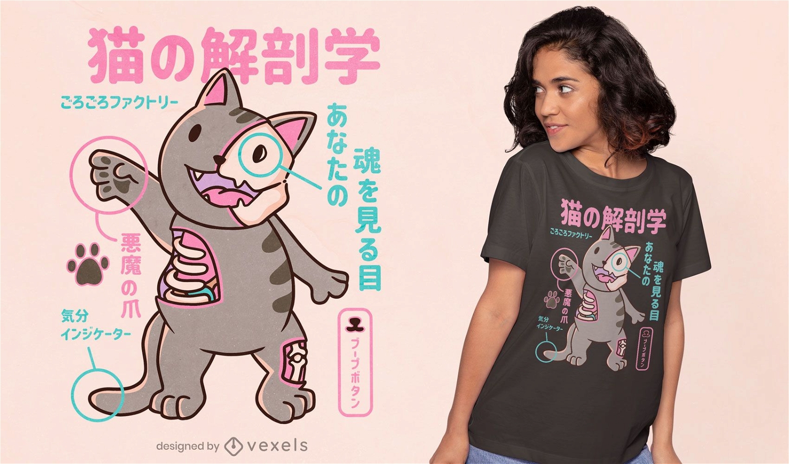 Diseño de camiseta japonesa de anatomía de gato.