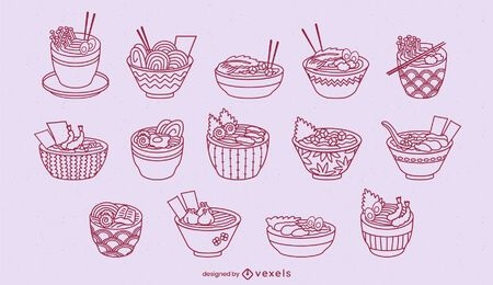 Cute ramen bowls japanese food line art set