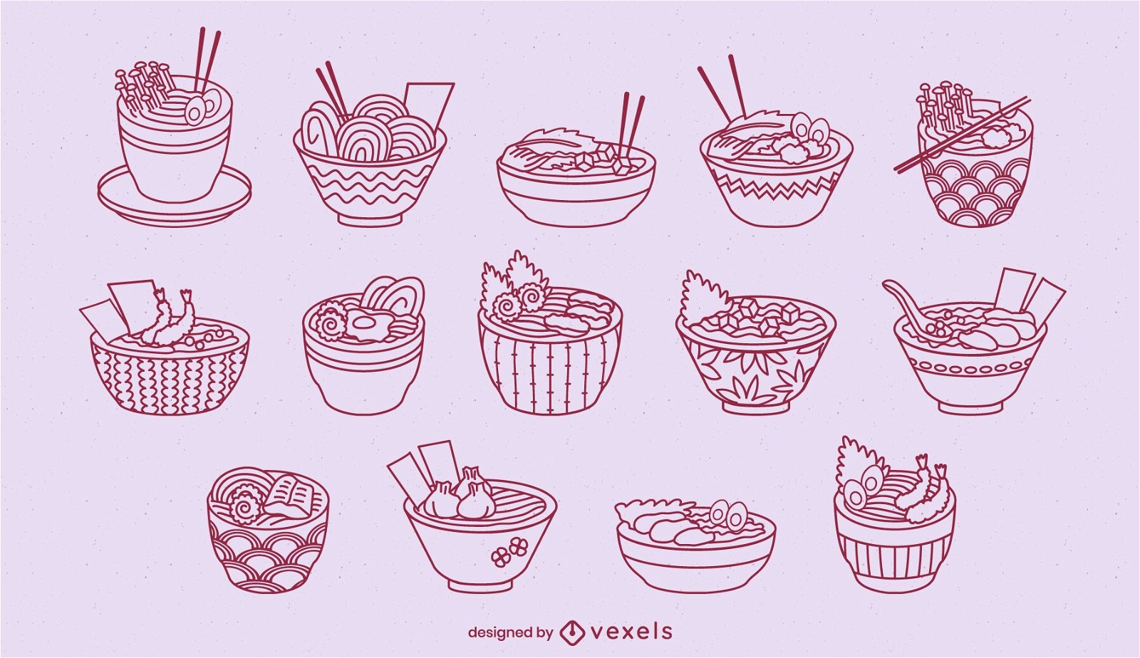 Lindo ramen bowls set de arte de línea de comida japonesa
