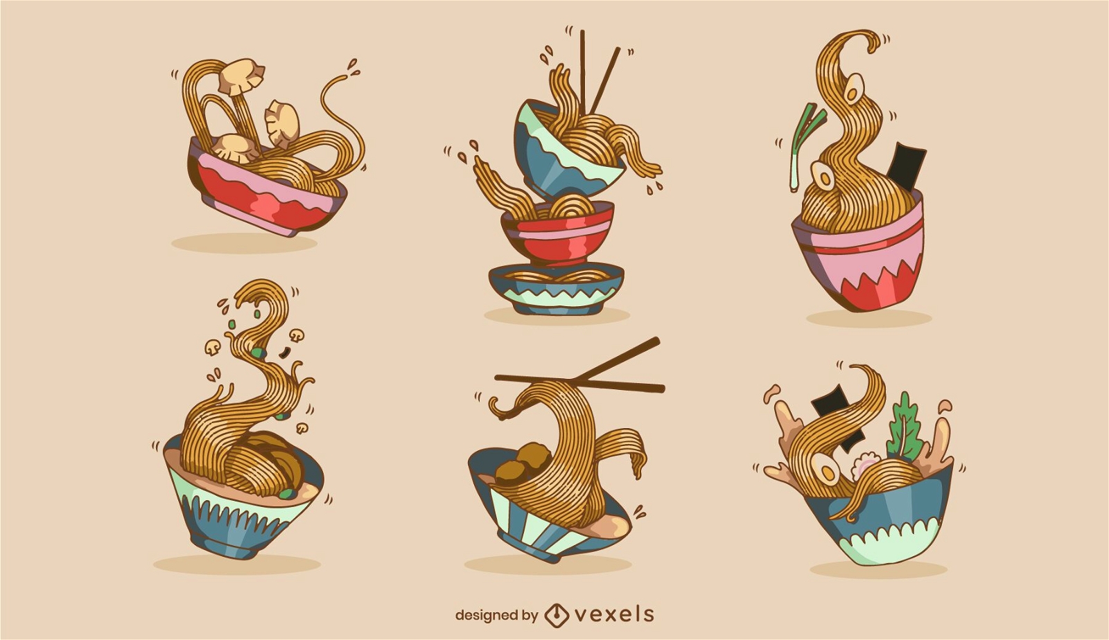 Conjunto de ilustración de comida japonesa de tazón de ramen