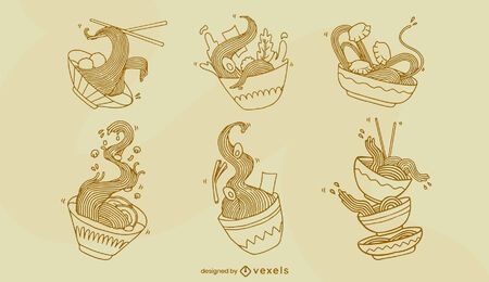 Conjunto de arte de línea de comida japonesa de tazón de ramen